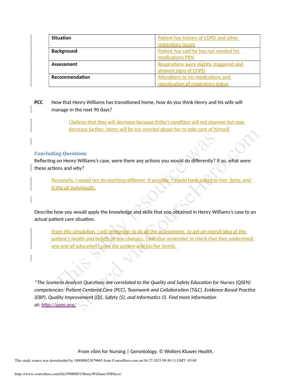 Preview page 2 of NURSING 101 Henry Williams, Part 3 Guided Reflection Questions