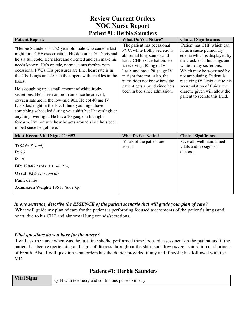 Preview page 2 of (completed)Priority Patient Assignment as a Virtual Clinical Assignment. All three parts : Pt #1:Herbie Saunders, 62-yea