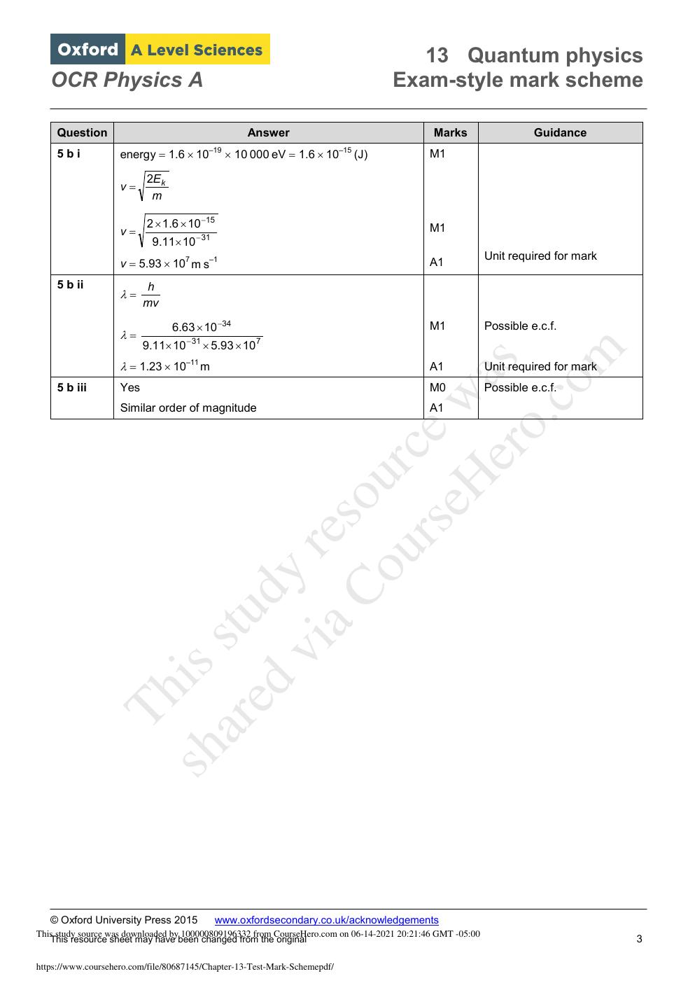 Preview page 3 of OXFORD A LEVEL Quantum physics OCR Physics A Exam-style mark scheme