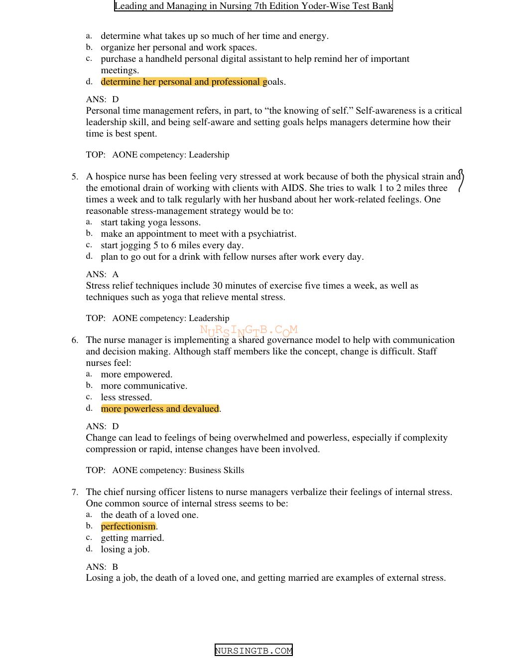 Preview page 2 of Leadership Final ,Chapter 07: Managing Self: Stress and Time Yoder-Wise: Leading and Managing in Nursing, 7th Edition