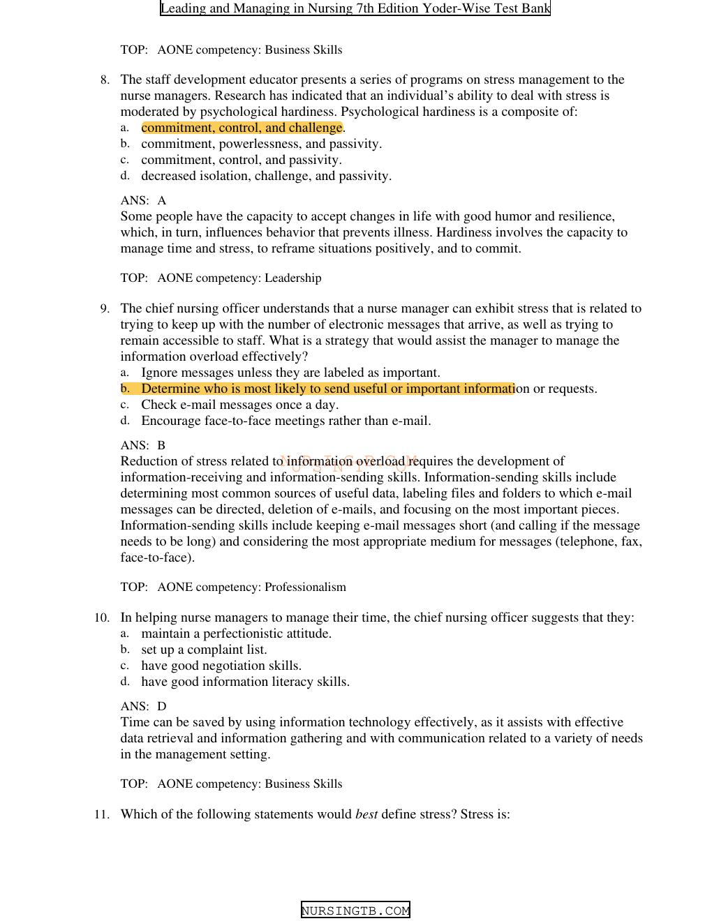 Preview page 3 of Leadership Final ,Chapter 07: Managing Self: Stress and Time Yoder-Wise: Leading and Managing in Nursing, 7th Edition