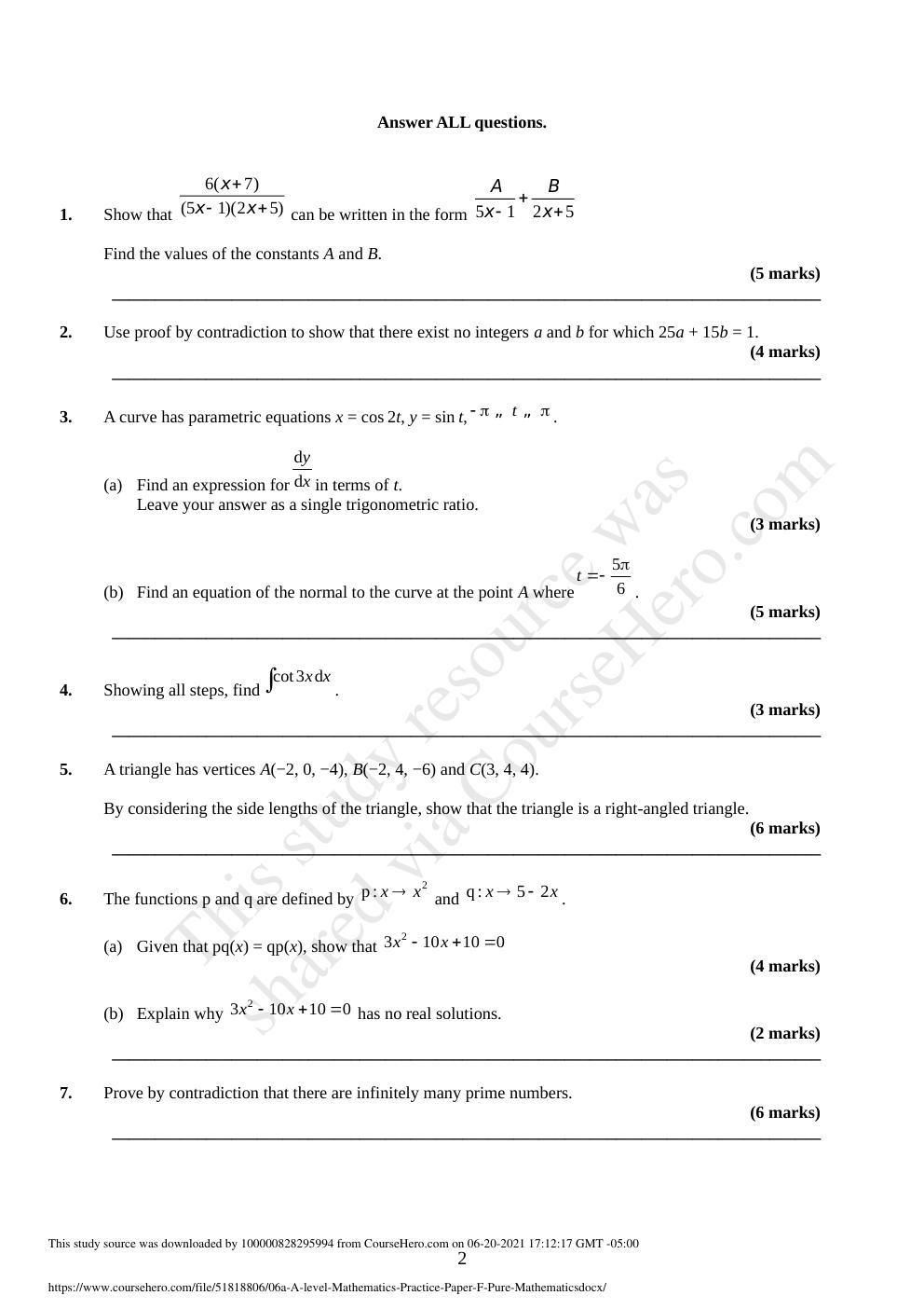 Preview page 2 of 06a A level Mathematics Practice Paper F - Pure Mathematics.docx