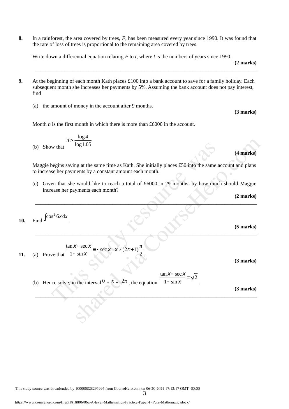 Preview page 3 of 06a A level Mathematics Practice Paper F - Pure Mathematics.docx