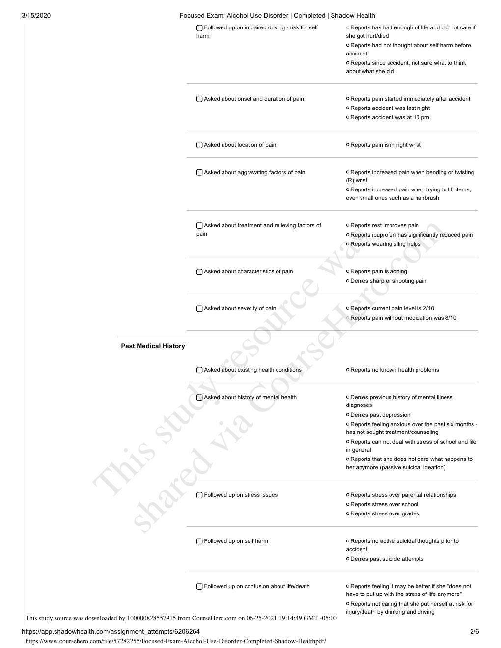 Preview page 2 of Focused Exam Alcohol Use Disorder  Completed  Shadow Health