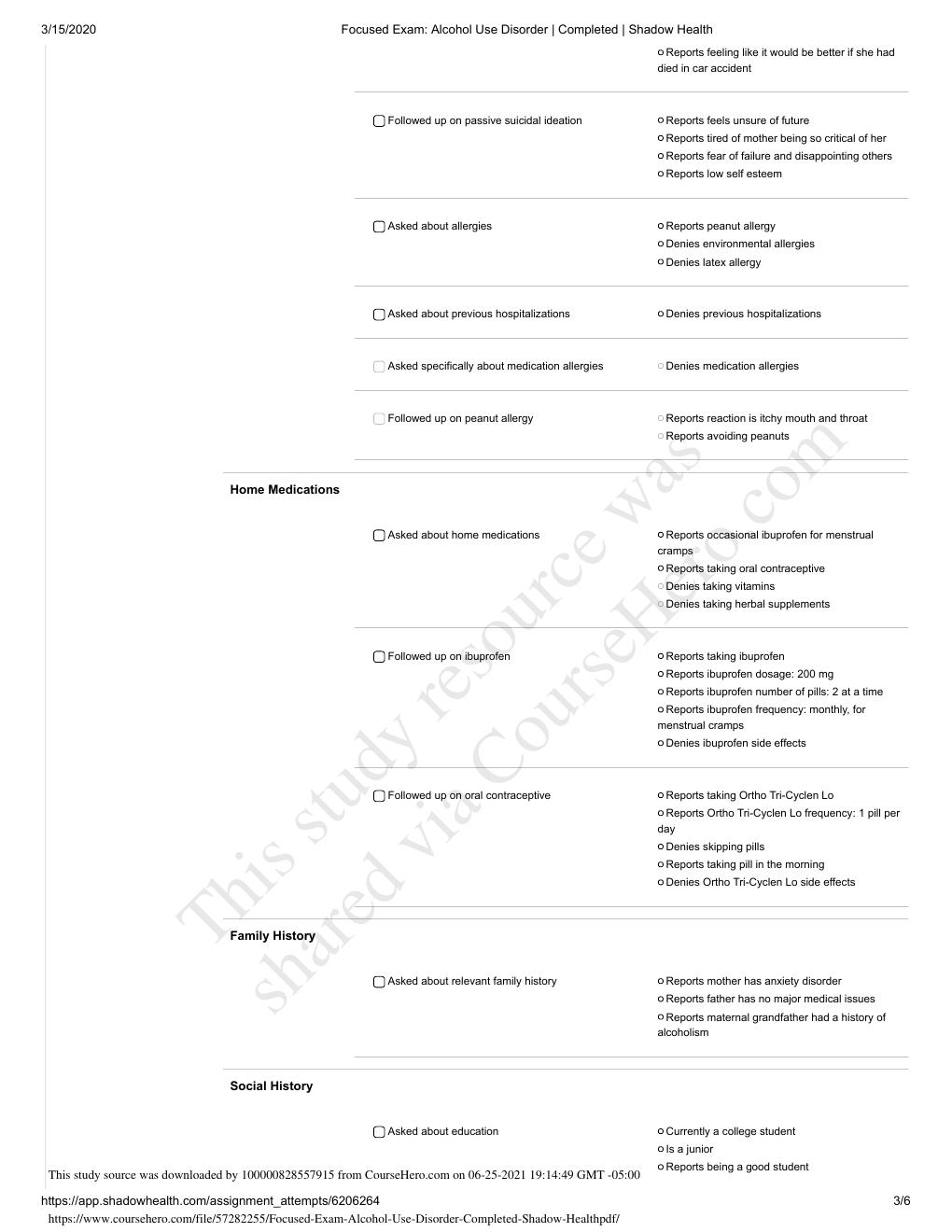 Preview page 3 of Focused Exam Alcohol Use Disorder  Completed  Shadow Health