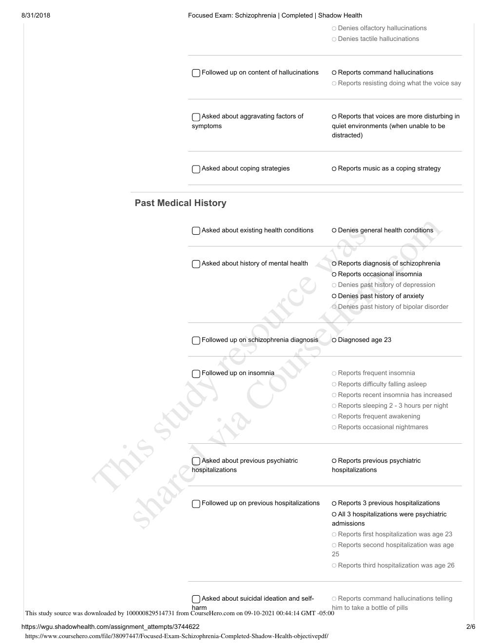 Preview page 2 of Focused Exam_ Schizophrenia _ Completed _ Shadow Health objective | Latest Version 2021/2022