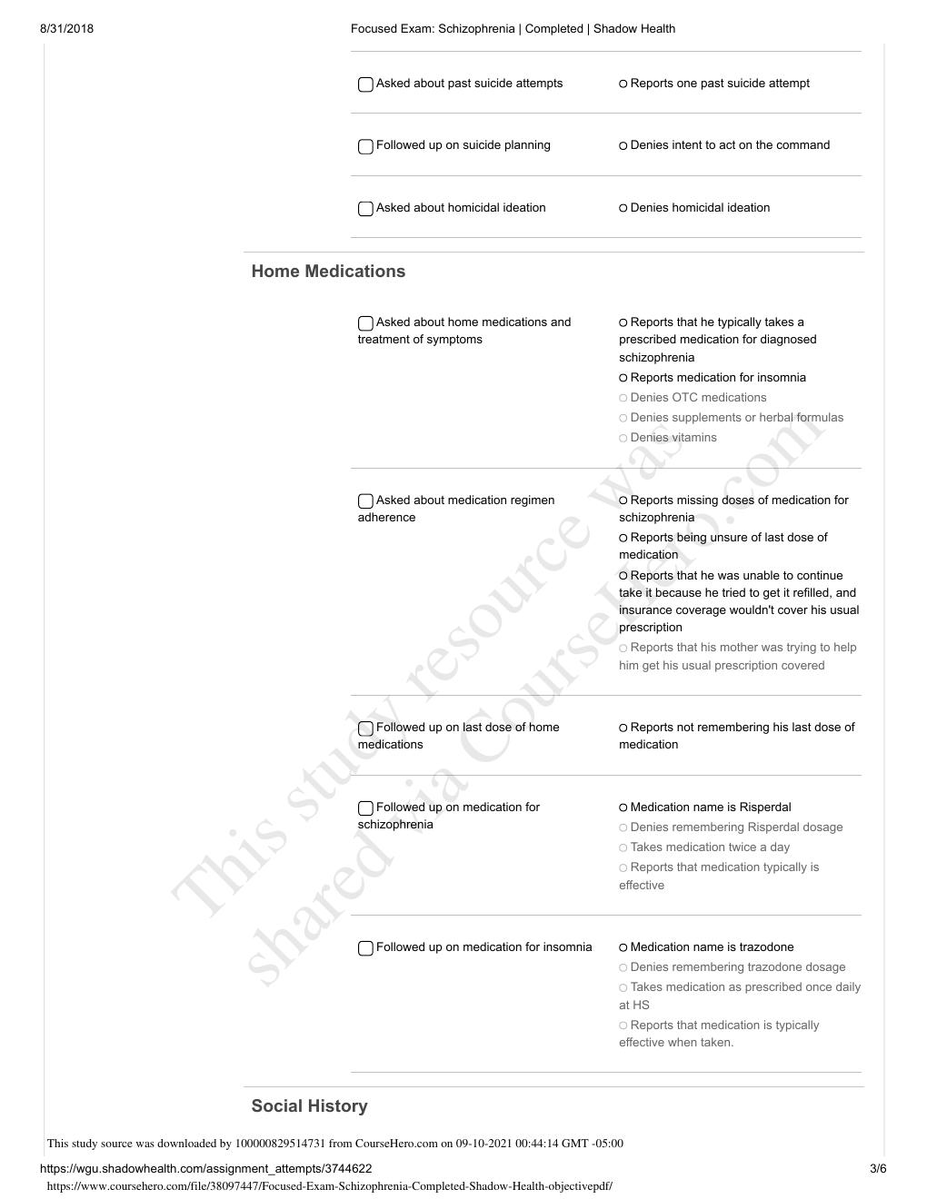 Preview page 3 of Focused Exam_ Schizophrenia _ Completed _ Shadow Health objective | Latest Version 2021/2022