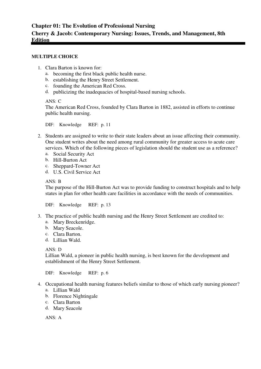 Preview page 2 of Contemporary Nursing Issues, Trends, and Management, 8th Edition Cherry & Jacob TEST BANK