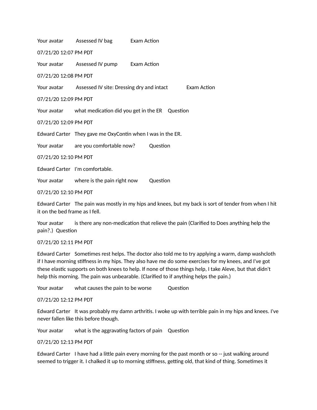 Preview page 2 of Shadow Health Pain Transcript- Edward Carter