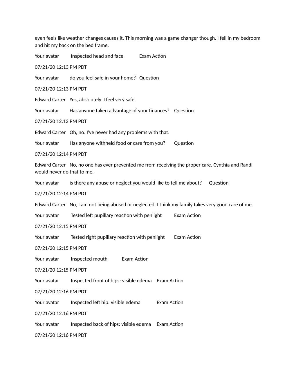Preview page 3 of Shadow Health Pain Transcript- Edward Carter