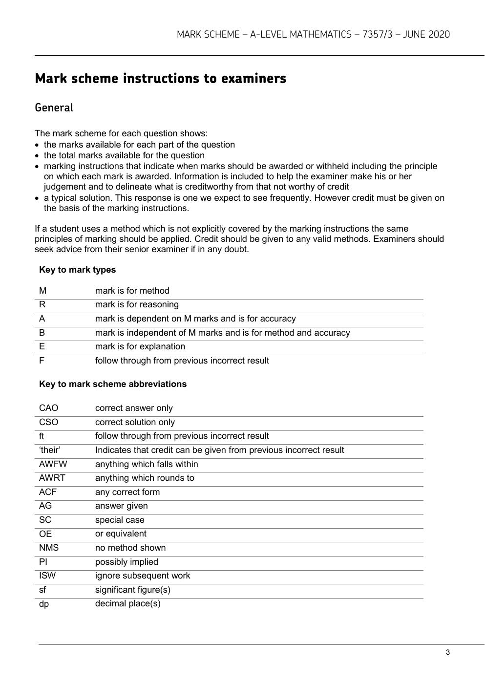 Preview page 3 of MATHEMATICS ALEVEL2020 paper 3 Marking scheme A level