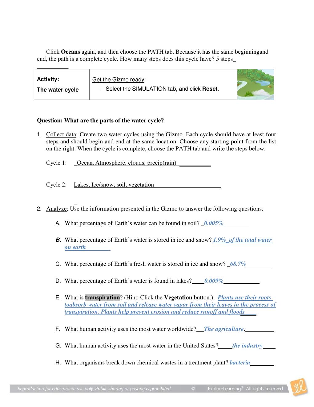 Preview page 3 of Gizmos Student Exploration: Water Cycle Answer Key