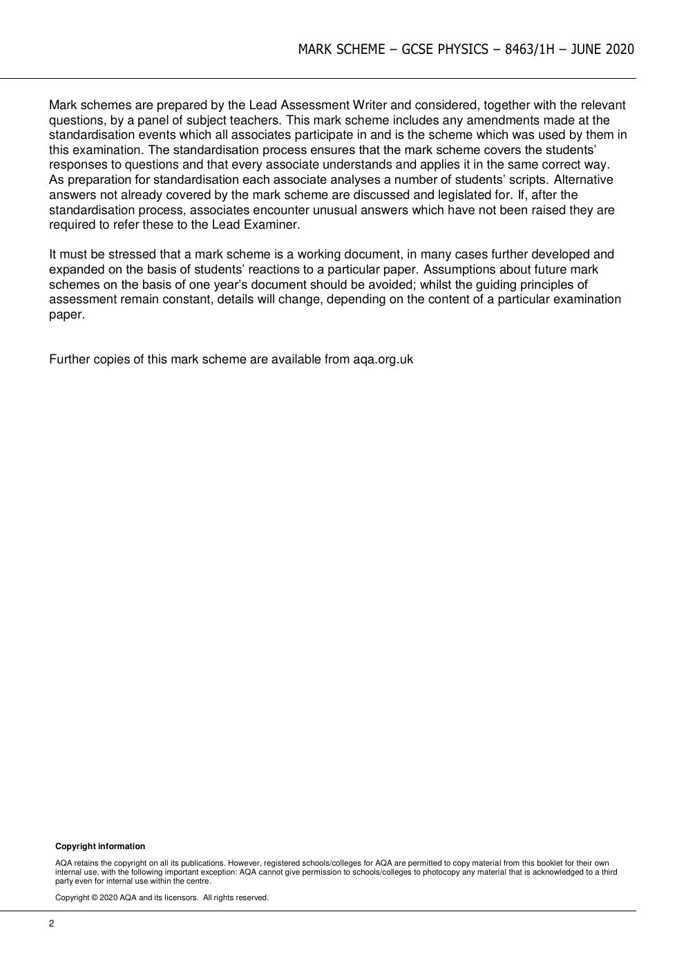 Preview page 2 of AQA PHYSICS 2020-2021  GCSE PHYSICS 8463/1H Paper 1 Higher Tier