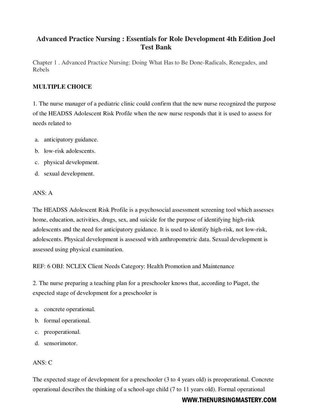 Preview page 2 of Test Bank For Advanced Practice Nursing Essentials for Role Development 4th Edition Joel