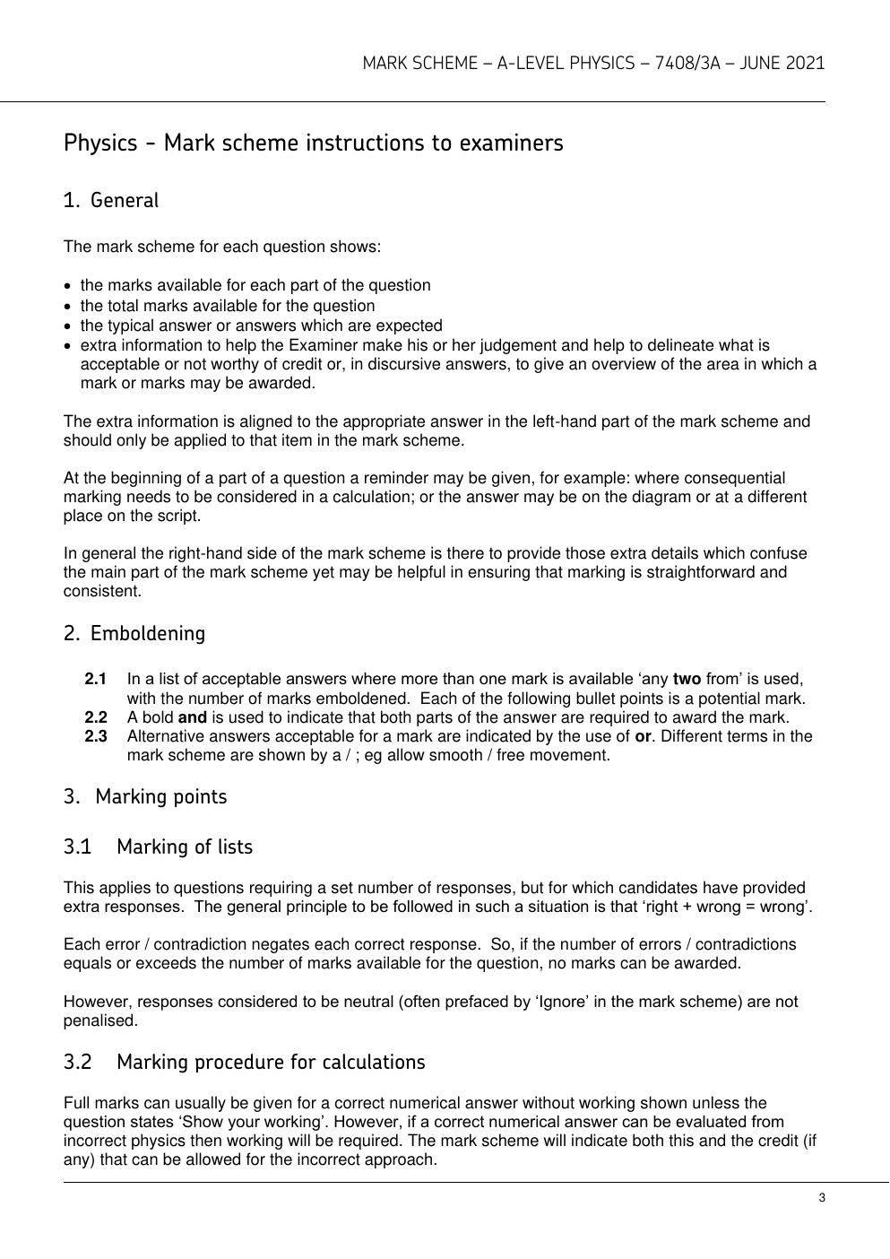 Preview page 3 of AQA A-level PHYSICS 7408/3A Paper 3 Section A Mark scheme June 2021 Version: 1.1 Final. MARK SCHEME