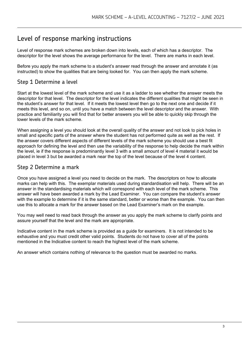 Preview page 3 of AQA A-level ACCOUNTING 7127/2 Paper 2 Accounting for analysis and decision-making Mark scheme June 2021 Version 1.0 Fina