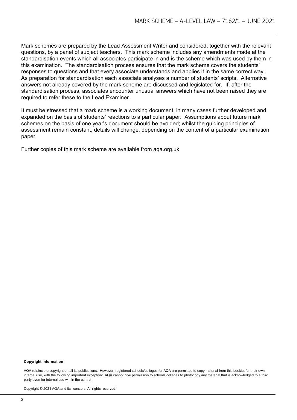 Preview page 2 of AQA A-level LAW 7162/1 Paper 1 Mark scheme June 2021 Version: 1.0 Final Mark Scheme.