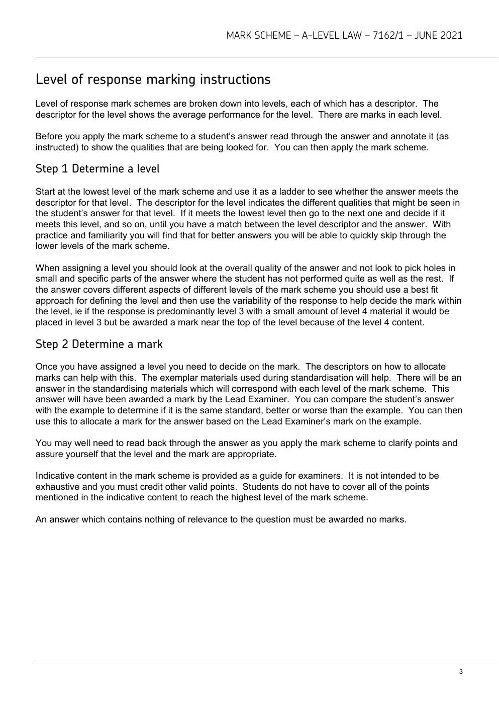 Preview page 3 of AQA A-level LAW 7162/1 Paper 1 Mark scheme June 2021 Version: 1.0 Final Mark Scheme.