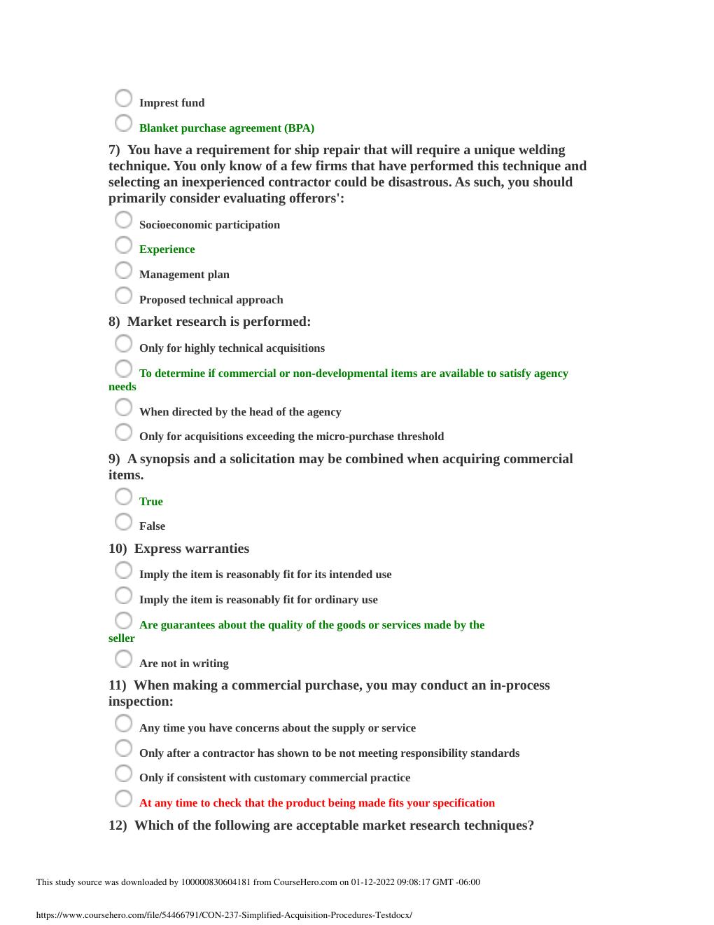 Preview page 2 of CON 237 Simplified Acquisition Procedures Test | Complete Solutions