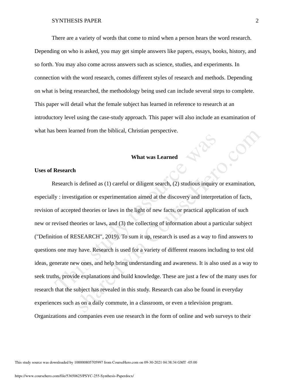 Preview page 2 of Liverty University PSYC255 Synthesis Paper