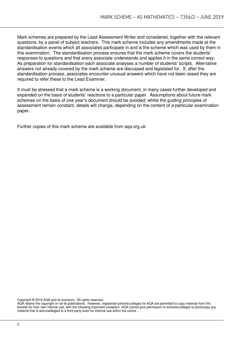 Preview page 2 of AQA AS MATHEMATICS 7356/2 Paper 2 Mark scheme Version 1.0 Final 2019