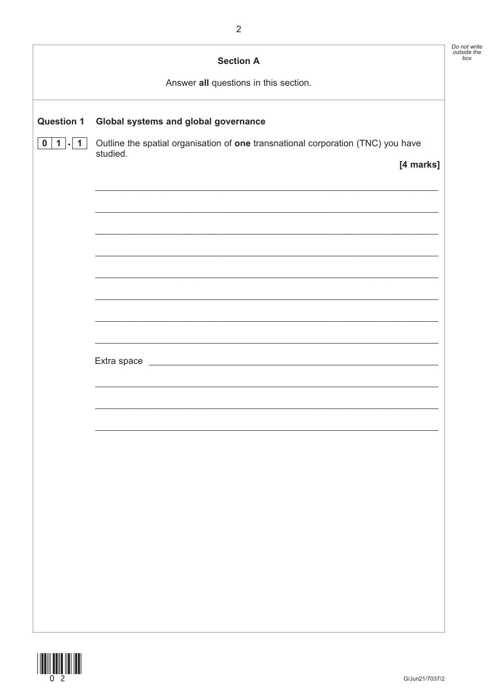 Preview page 2 of AQA A-level GEOGRAPHY Paper 2 Human Geography QP 2021