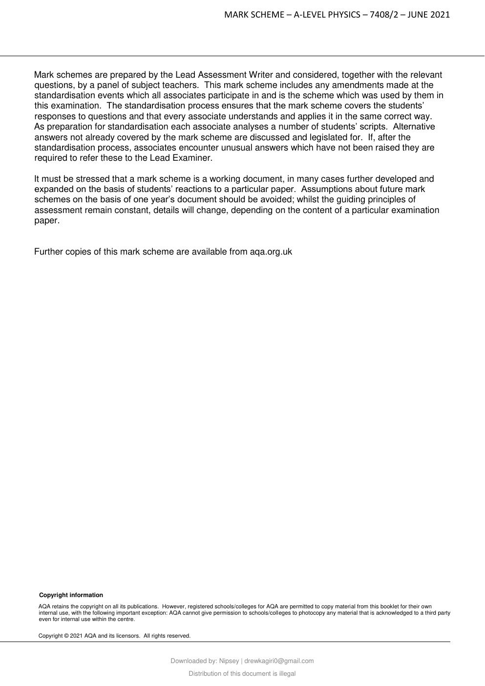 Preview page 3 of AQA A-level PHYSICS 7408/2 Paper 2 Mark scheme June 2021
