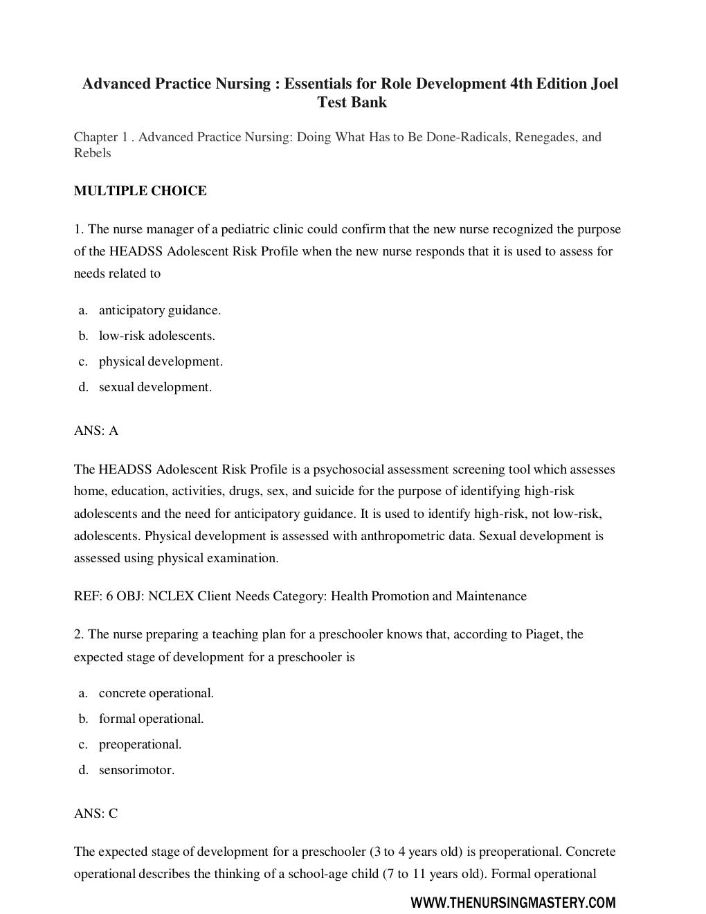 Preview page 2 of Test Bank for Advanced Practice Nursing: Essentials for Role Development by Lucille A. Joel EdD APN FAAN