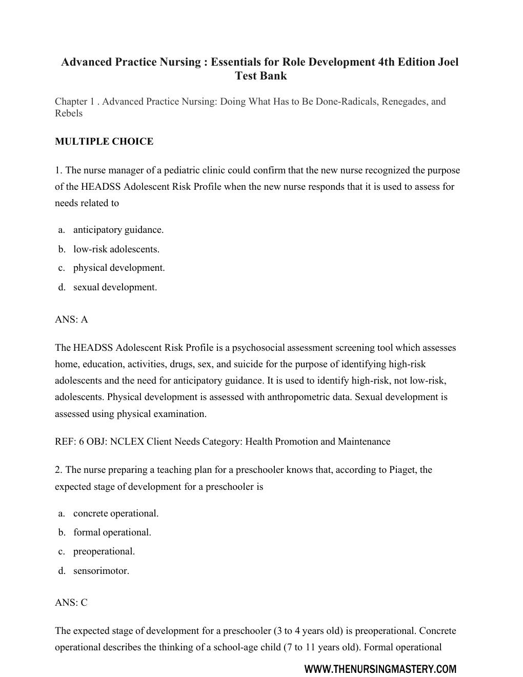 Preview page 2 of Test Bank for Advanced Practice Nursing : Essentials for Role Development 4th Edition by Joel
