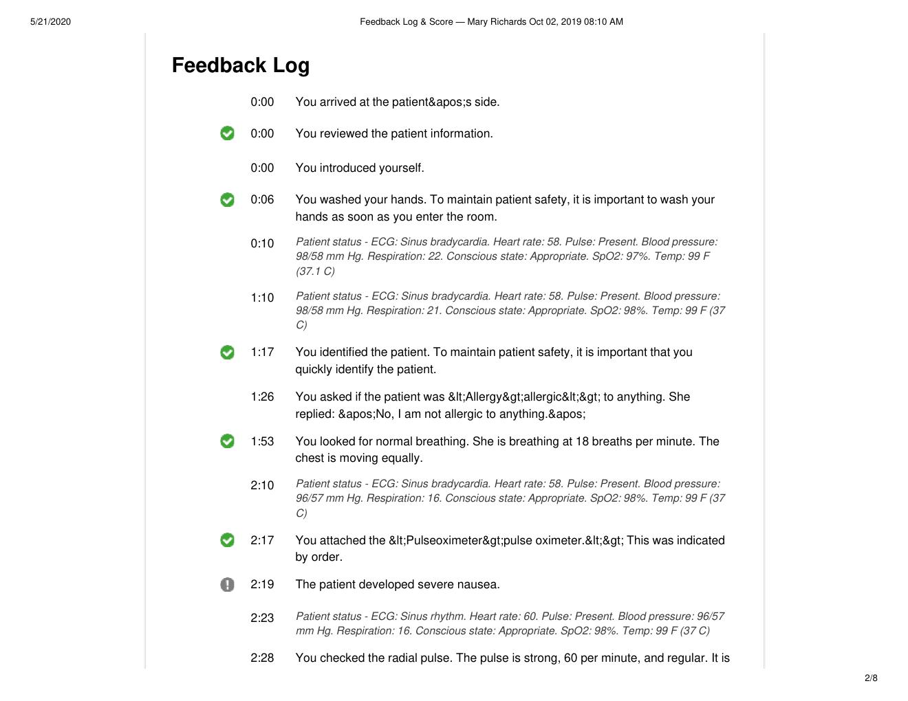 Preview page 2 of NUR 3227 Mary Richards Vsim Feedback Log.