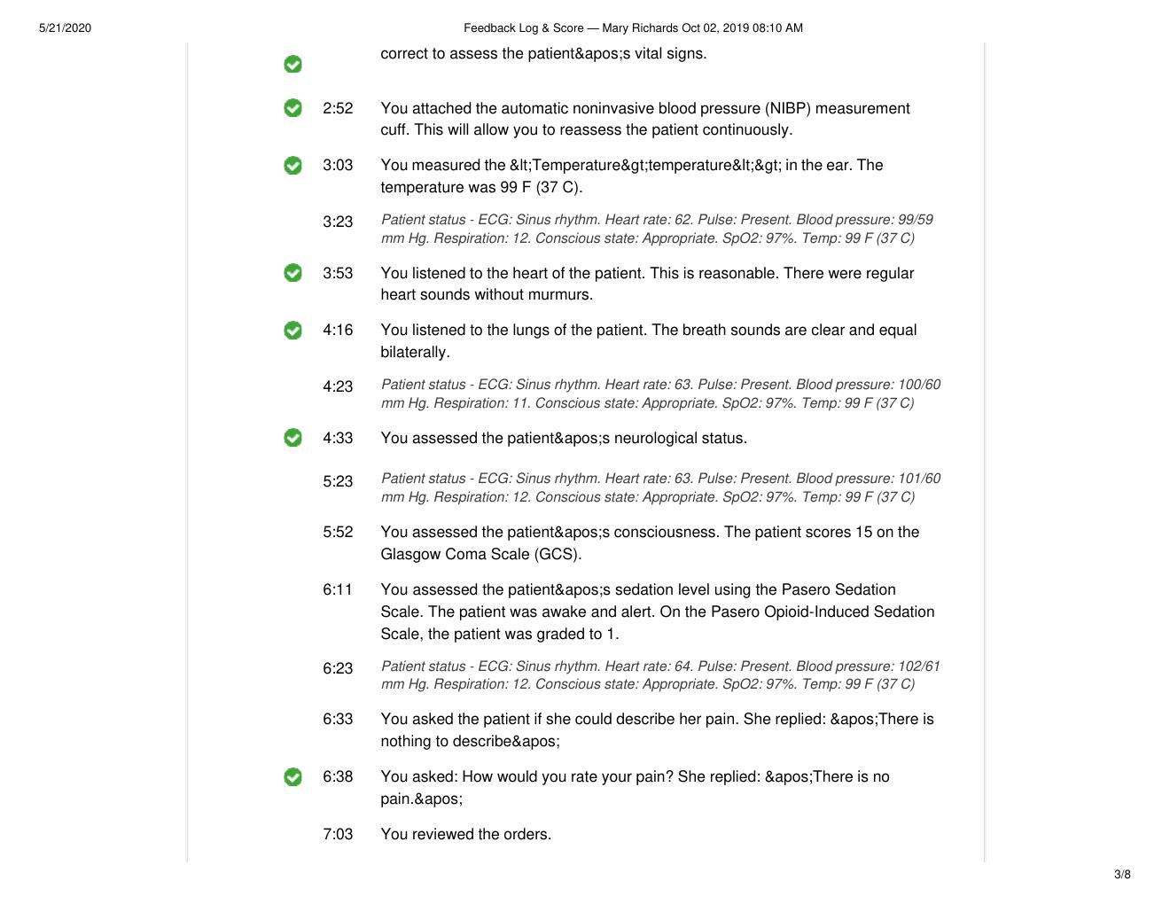 Preview page 3 of NUR 3227 Mary Richards Vsim Feedback Log.