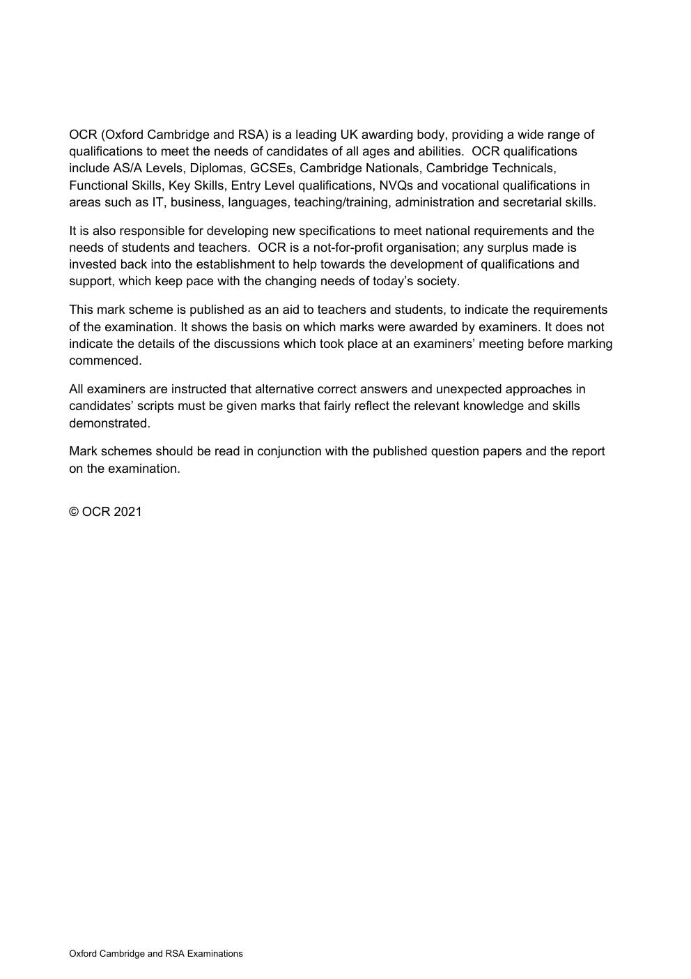 Preview page 2 of OCR GCE Physics A H156/02: Depth in physics Advanced Subsidiary GCE Mark Scheme for Autumn 2021