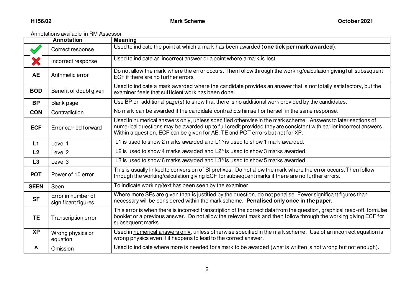 Preview page 3 of OCR GCE Physics A H156/02: Depth in physics Advanced Subsidiary GCE Mark Scheme for Autumn 2021