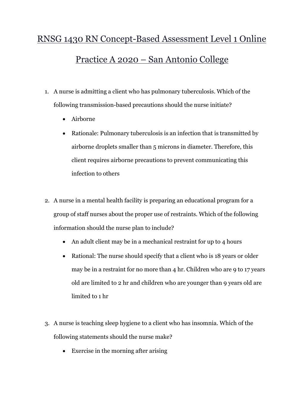 Preview page 2 of RN ATI Concept Based Assessment, Proctored Exam for level 1 Test Bank.
