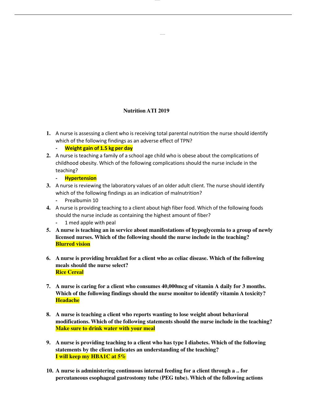 Preview page 2 of ATI NUTRITION PROCTORED EXAM RETAKE 2019