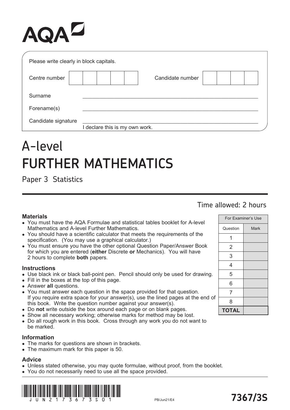 Preview page 2 of AQA A-level FURTHER MATHEMATICS 7367/3S Paper 3 Statistics Question Paper + Mark scheme (Merged) June 2021 Version: 1.0