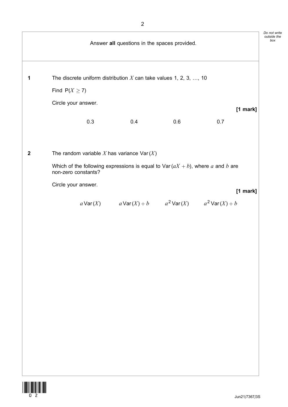 Preview page 3 of AQA A-level FURTHER MATHEMATICS 7367/3S Paper 3 Statistics Question Paper + Mark scheme (Merged) June 2021 Version: 1.0