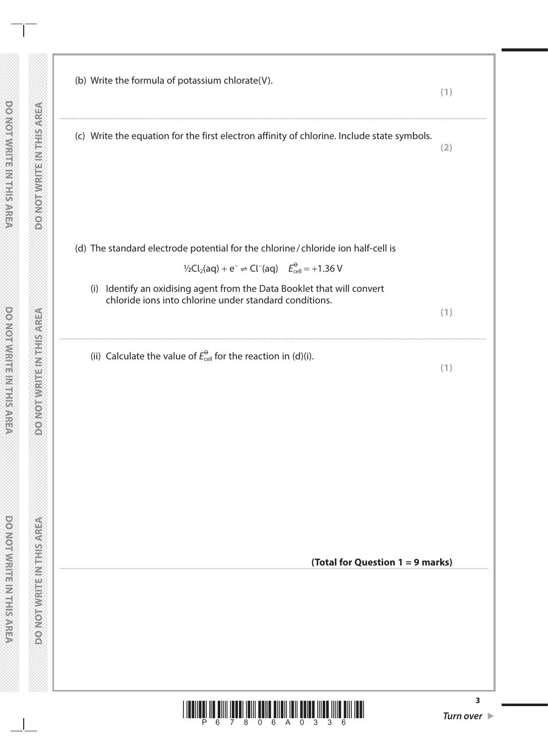 Preview page 3 of Pearson Edexcel Level 3 GCE Chemistry Advanced PAPER 3: General and Practical Principles in Chemistry question paper 9CH