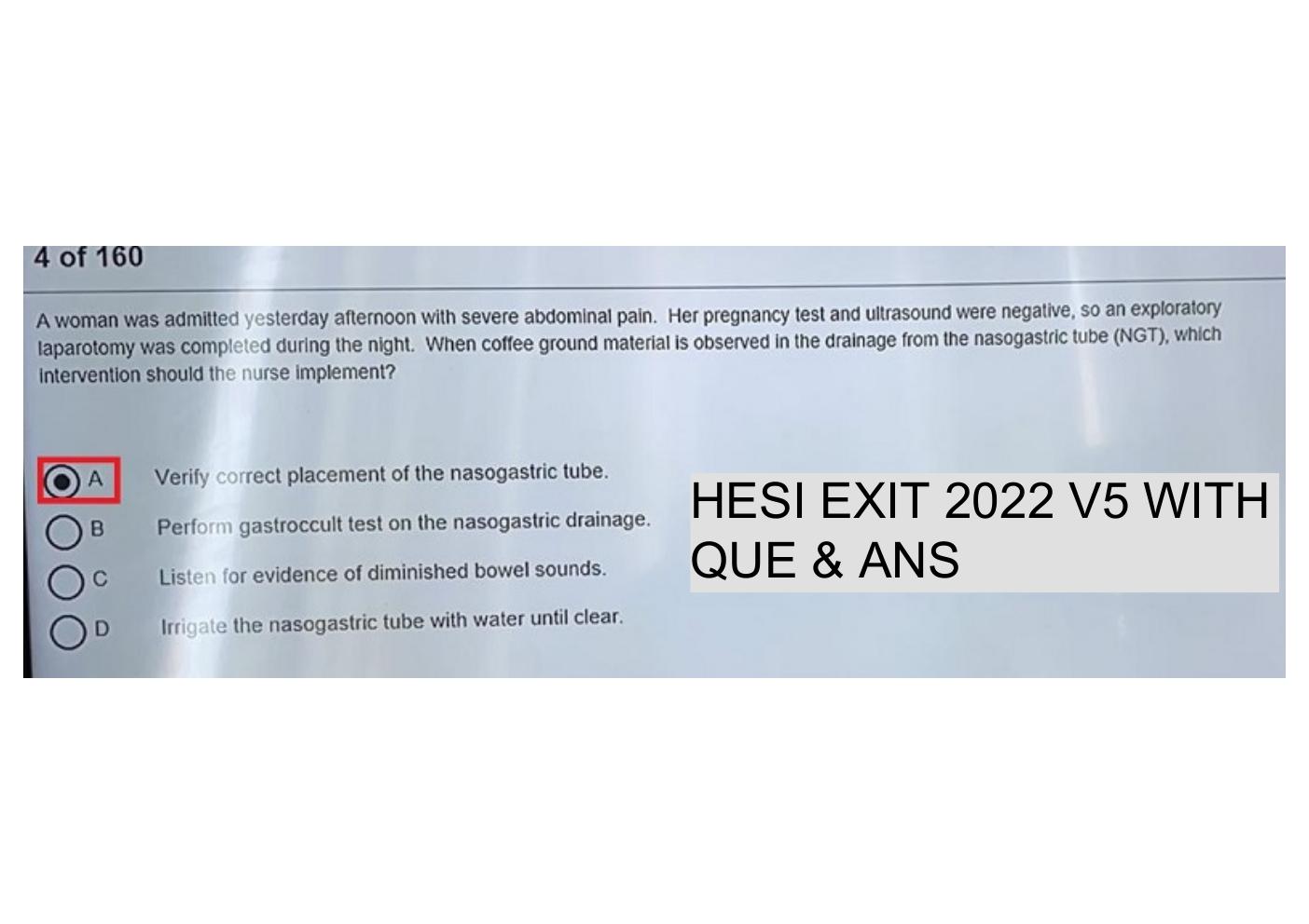 Preview page 4 of HESI EXIT RN V5 Exam Prep from 2022 I Contains 160 REAL EXAM Most Teated Q&A