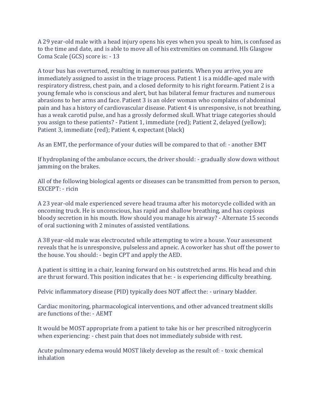 Preview page 3 of JB LEARNING: EMT FINAL EXAM QUESTIONS AND ANSWERS 2022 COMPLETE SOLUTION RATED A