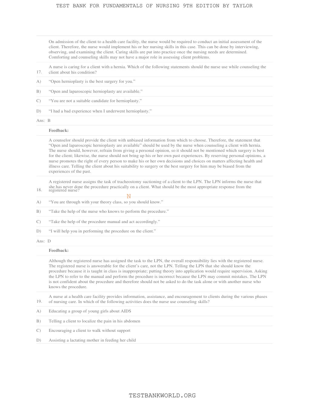 Preview page 7 of TEST BANK for Fundamentals of Nursing: The Art and Science of Person-Centered Care by Carol R. Taylor, Pamela B Lynn, Je