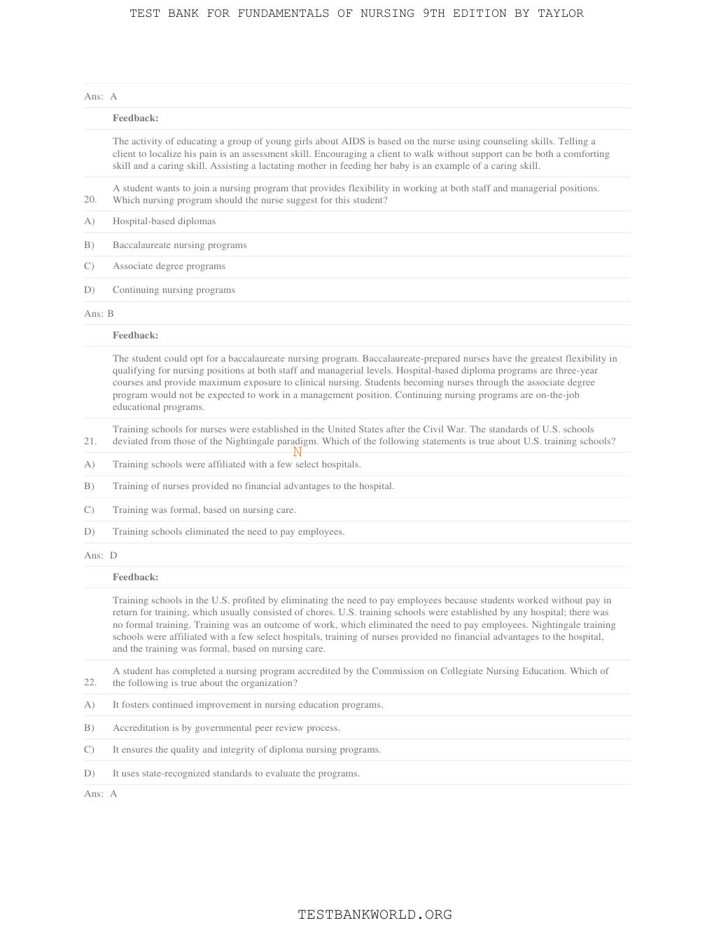 Preview page 8 of TEST BANK for Fundamentals of Nursing: The Art and Science of Person-Centered Care by Carol R. Taylor, Pamela B Lynn, Je