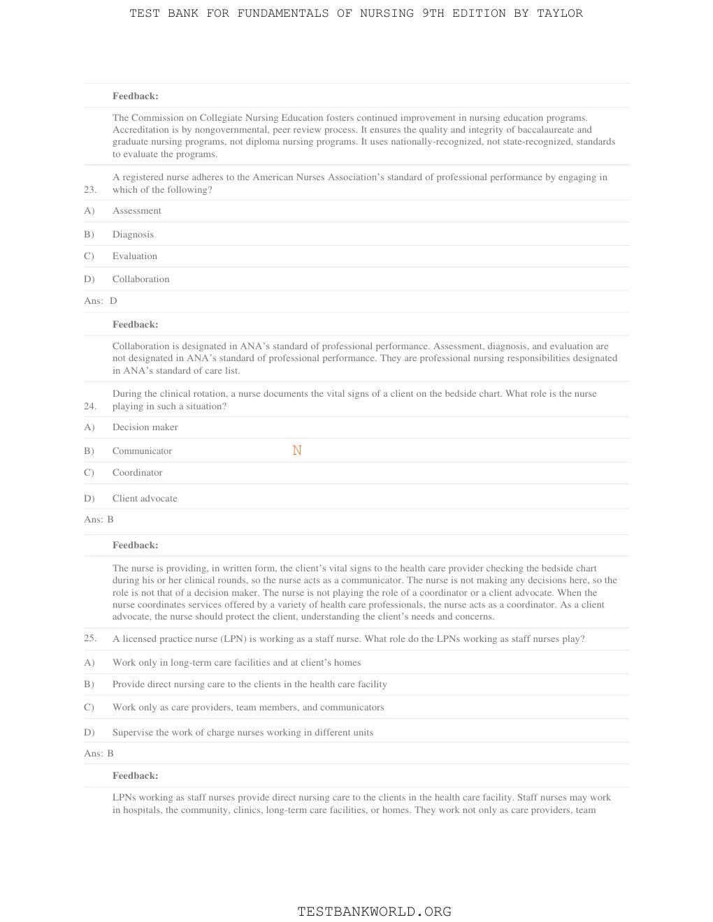 Preview page 9 of TEST BANK for Fundamentals of Nursing: The Art and Science of Person-Centered Care by Carol R. Taylor, Pamela B Lynn, Je