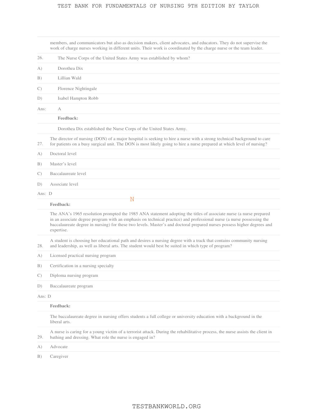 Preview page 10 of TEST BANK for Fundamentals of Nursing: The Art and Science of Person-Centered Care by Carol R. Taylor, Pamela B Lynn, Je