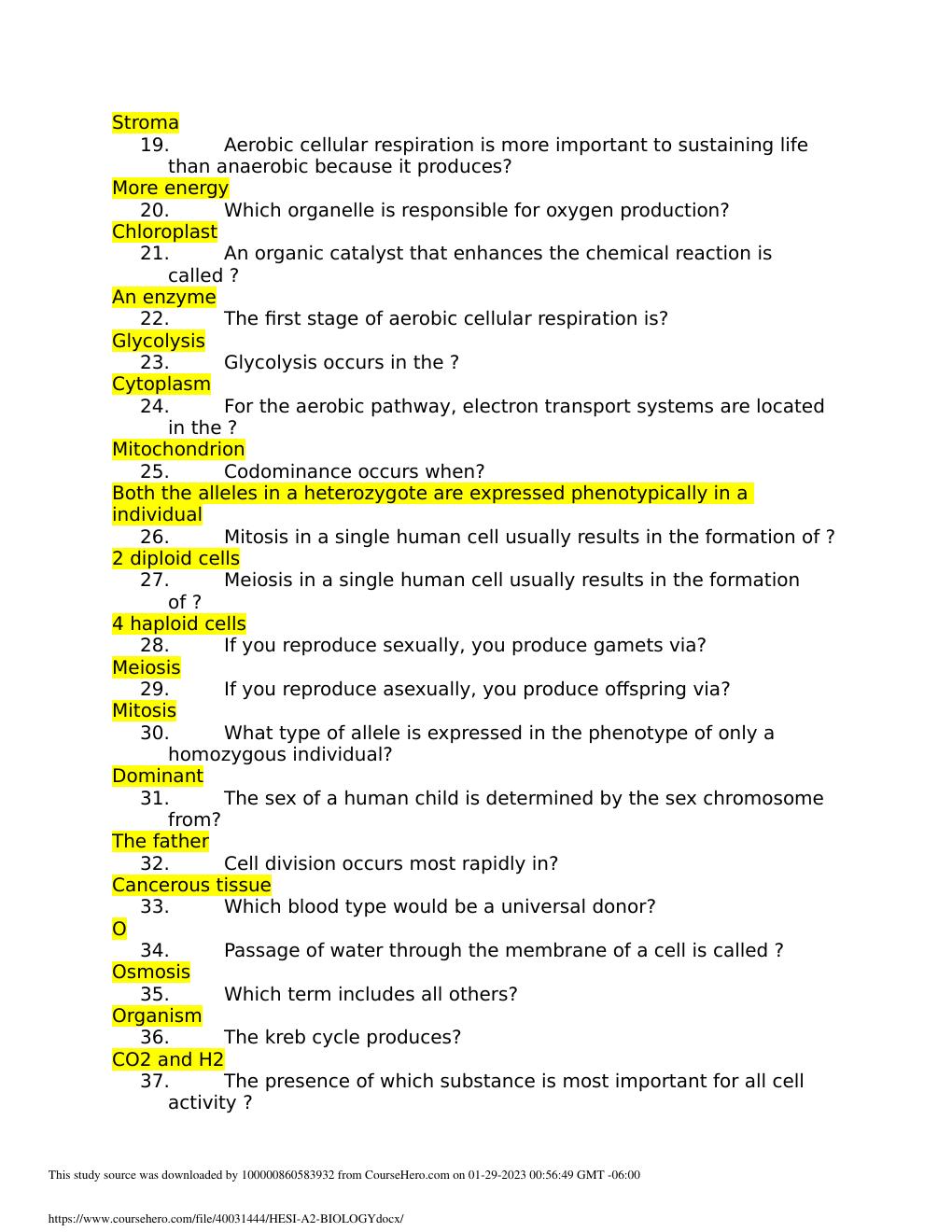 Preview page 2 of HESI A2 BIOLOGY,   Complete Solutions, Already graded A.