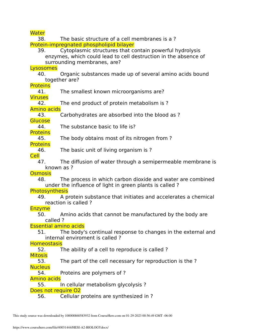 Preview page 3 of HESI A2 BIOLOGY,   Complete Solutions, Already graded A.