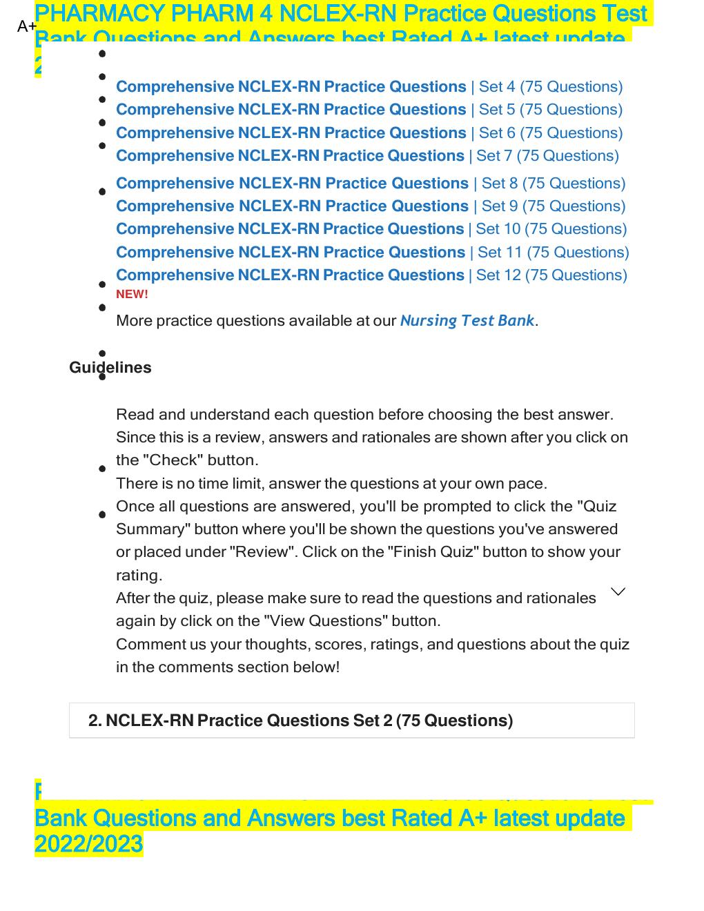 Preview page 2 of PHARMACY PHARM 4 NCLEX-RN Practice Questions Test Bank  SETS 1-12