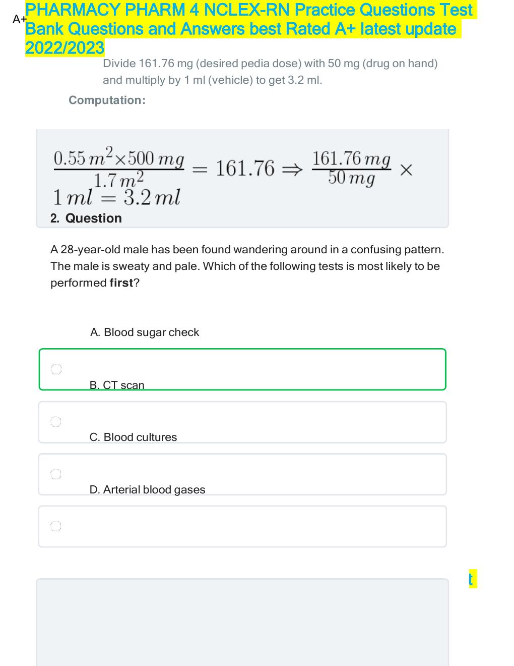 Preview page 6 of PHARMACY PHARM 4 NCLEX-RN Practice Questions Test Bank  SETS 1-12