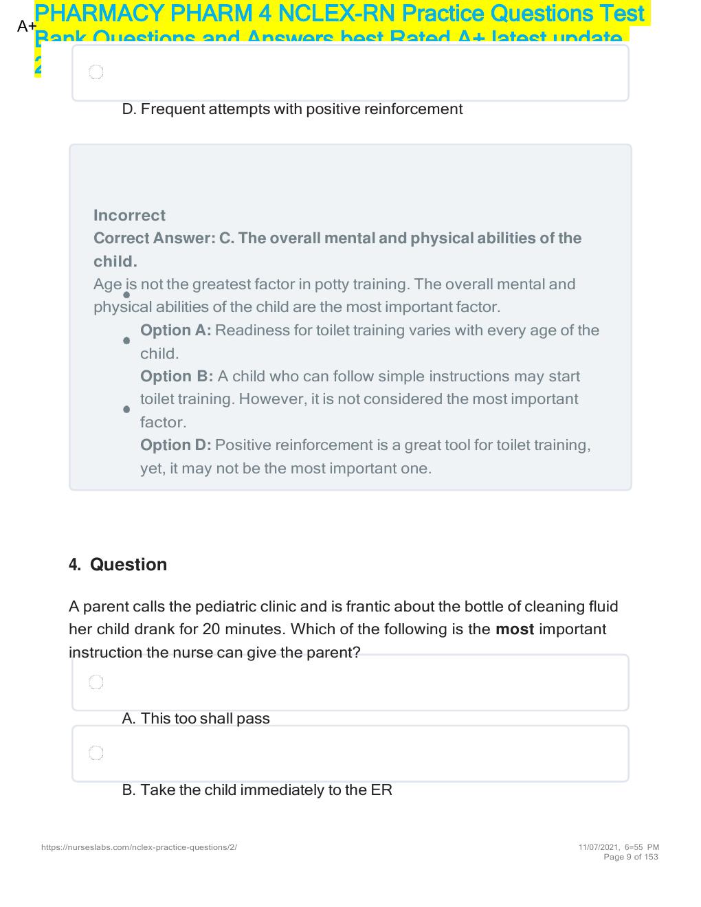Preview page 9 of PHARMACY PHARM 4 NCLEX-RN Practice Questions Test Bank  SETS 1-12
