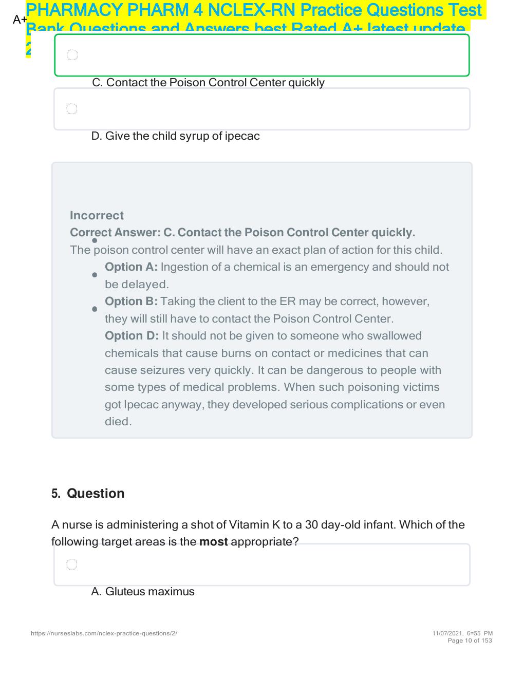 Preview page 10 of PHARMACY PHARM 4 NCLEX-RN Practice Questions Test Bank  SETS 1-12